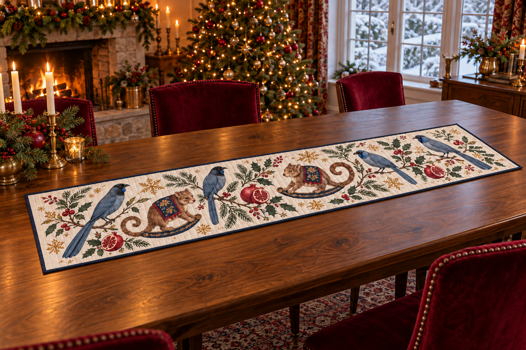 Kokako Pomegranate Rocking Cuscus quilted cotton table runner four flat printed blue-gray birds two brown curled-tail rocking cuscuses pomegranates navy binding sewn channels flat on walnut table in a warm Christmas dining room.