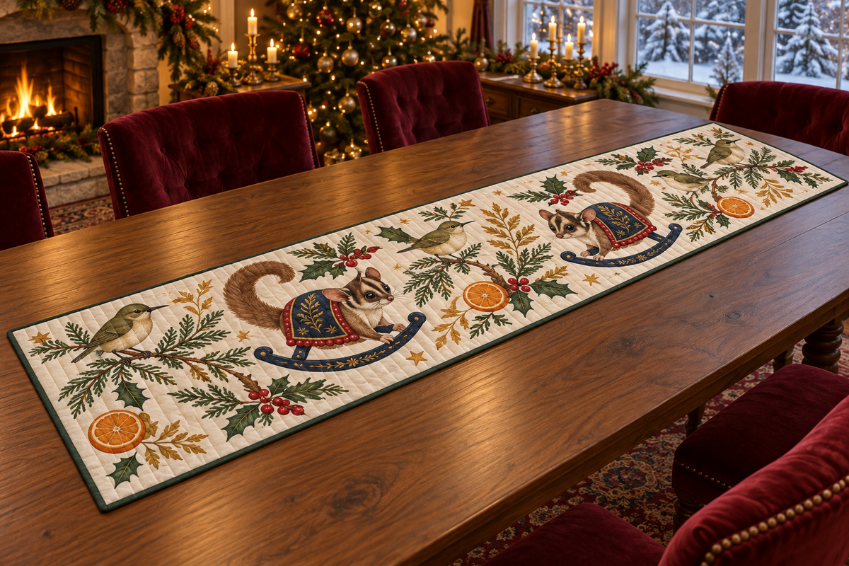 Rifleman Orange Rocking Sugar Glider quilted cotton table runner four printed green birds two brown rocking sugar gliders oranges green binding sewn channels flat on walnut table in warm Christmas dining room.