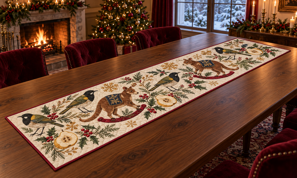Stitchbird Quince Rocking Tree Kangaroo quilted cotton table runner four printed black yellow olive birds two brown rocking tree kangaroos quince cranberry binding clear sewn channels flat on walnut table in Christmas dining room.