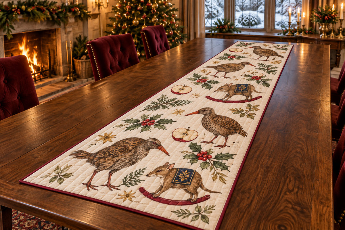 Weka Apple Rocking Quenda quilted cotton table runner four flat printed brown weka birds two pointed-snouted rocking quendas apples cranberry binding sewn channels flat on walnut table in Christmas dining room.