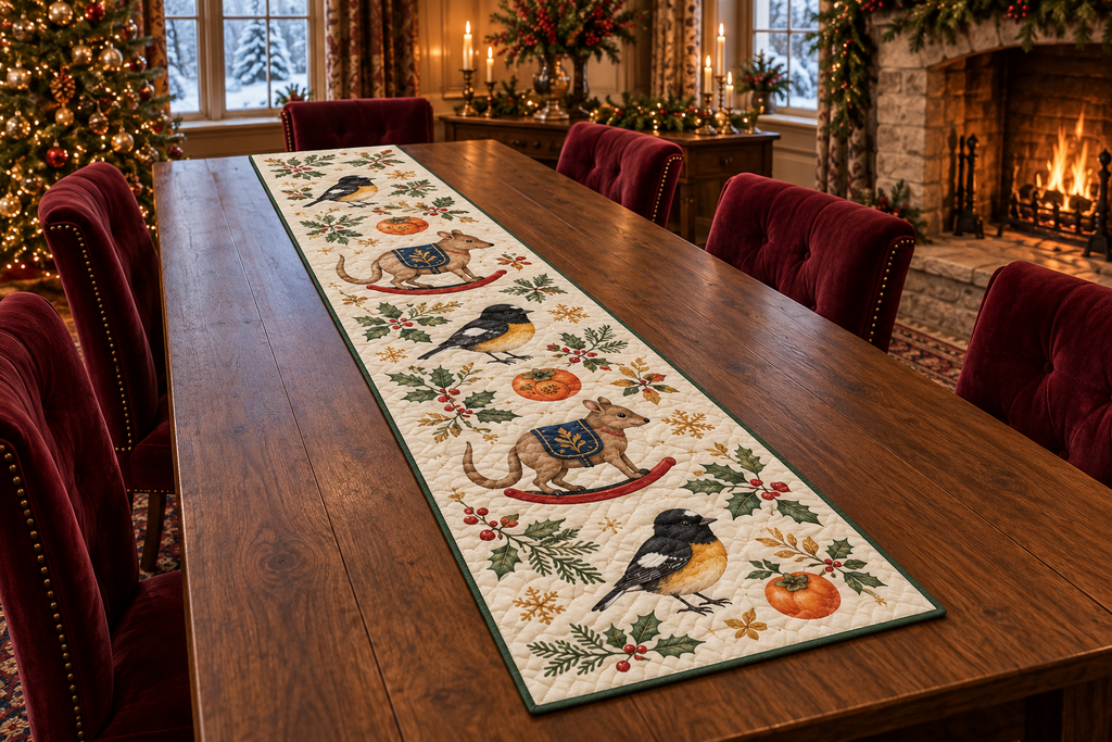Tomtit Persimmon Rocking Bettong quilted cotton table runner three printed black yellow birds two brown rocking bettongs persimmons green binding sewn channels flat on walnut table in warm Christmas dining room.