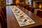 Tomtit Persimmon Rocking Bettong quilted cotton table runner three printed black yellow birds two brown rocking bettongs persimmons green binding sewn channels flat on walnut table in warm Christmas dining room.