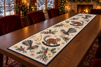 Fantail Pear Rocking Ringtail Possum quilted cotton table runner three printed fanned-tail birds two brown rocking possums pears navy binding sewn channels flat on walnut table in warm Christmas dining room.