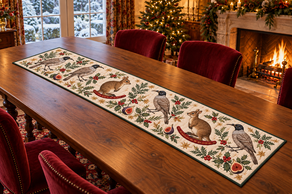 Friarbird Fig Rocking Pademelon quilted cotton table runner four printed gray brown dark-headed birds two brown rocking pademelons figs green binding sewn channels flat on walnut table in Christmas dining room.