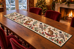 Friarbird Fig Rocking Pademelon quilted cotton table runner four printed gray brown dark-headed birds two brown rocking pademelons figs green binding sewn channels flat on walnut table in Christmas dining room.