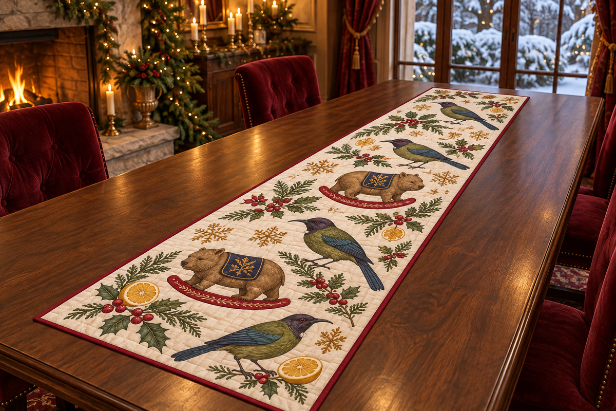 Bellbird Lemon Rocking Wombat quilted cotton table runner four printed olive purple-headed birds two brown rocking wombats lemons cranberry binding sewn channels flat on walnut table in Christmas dining room.