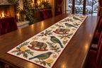 Bellbird Lemon Rocking Wombat quilted cotton table runner four printed olive purple-headed birds two brown rocking wombats lemons cranberry binding sewn channels flat on walnut table in Christmas dining room.
