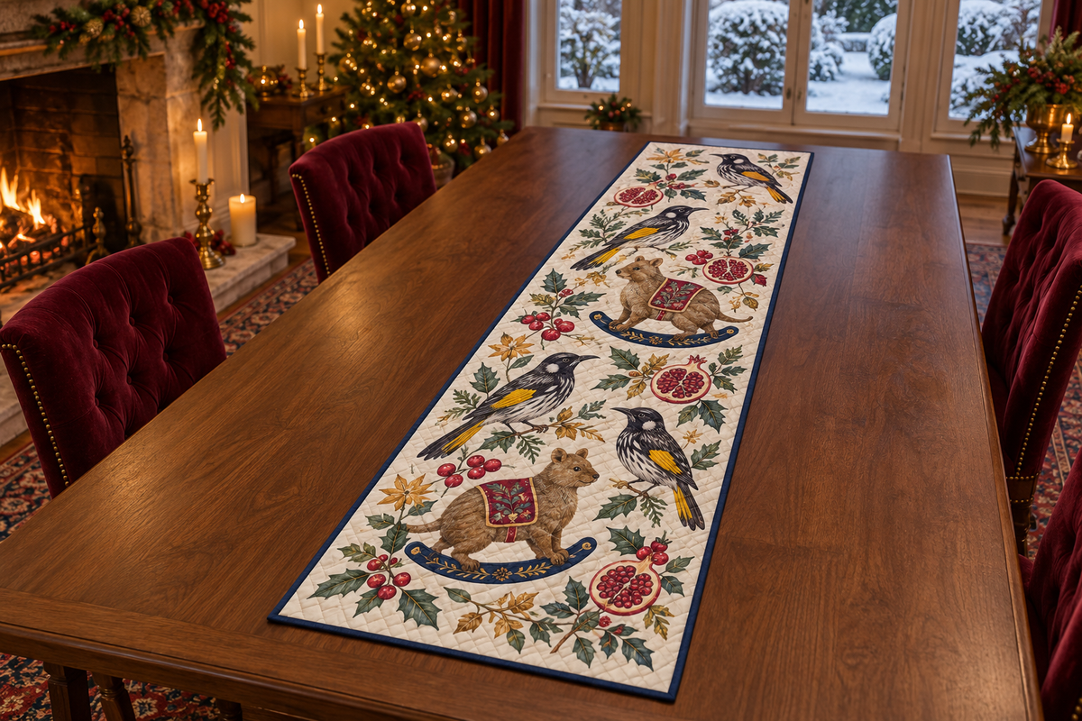 Honeyeater Pomegranate Rocking Quokka quilted cotton table runner four black white yellow-wing birds two brown rocking quokkas pomegranates navy binding sewn channels flat on walnut table in Christmas dining room.