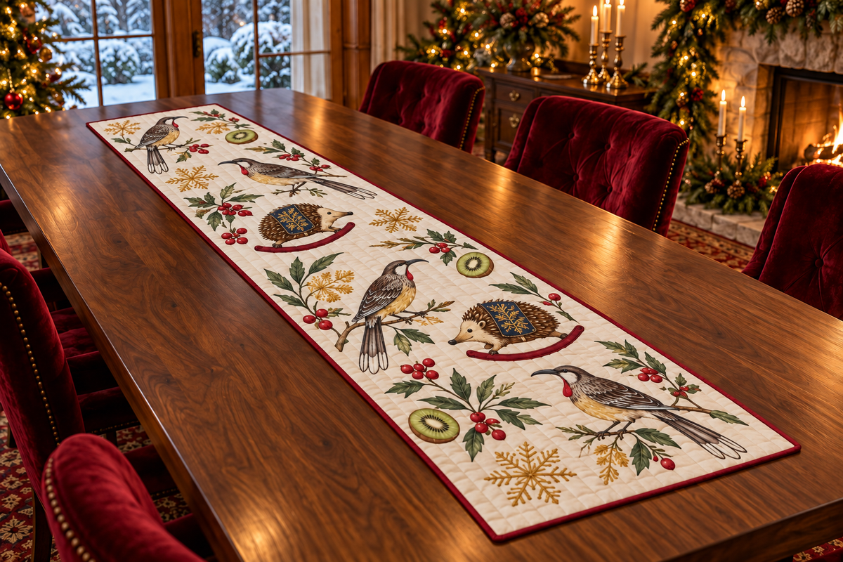 Wattlebird Kiwi Rocking Echidna quilted cotton table runner four printed red-wattled streaked birds two brown spiny rocking echidnas kiwis cranberry binding sewn channels flat on walnut table in Christmas dining room.