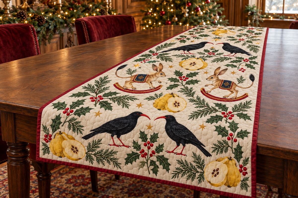 Chough Quince Rocking Jerboa quilted cotton runner four black red-billed birds two tan long-ear rocking jerboas golden quince cranberry binding sewn channels on walnut table in Christmas dining room.