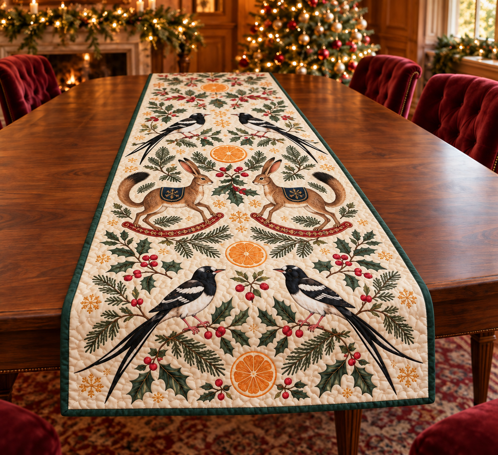 Forktail Orange Rocking Springhare quilted cotton runner four black white long-tailed birds two brown long-ear thick-tail rocking springhares oranges green binding sewn channels in Christmas dining room.