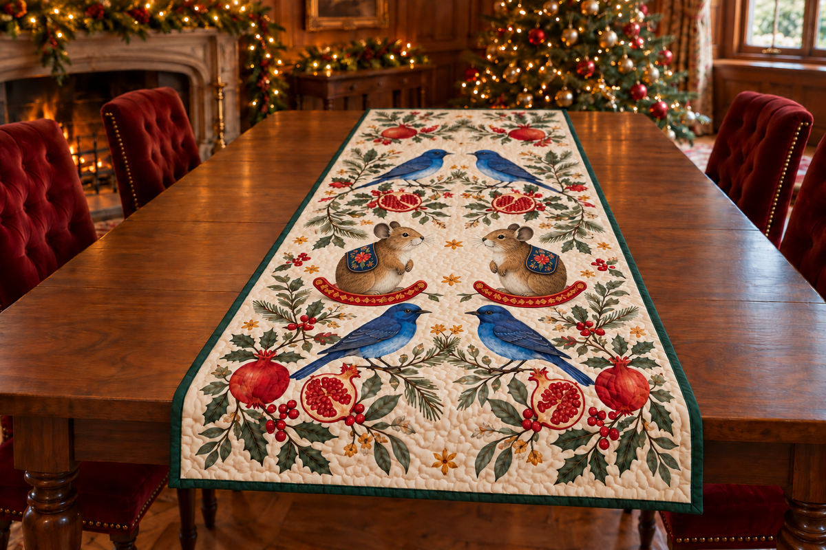 Nilgiri Pomegranate Rocking Pika quilted cotton runner four indigo blue birds two brown round-ear tail-less rocking pikas pomegranates green binding sewn channels in warm Christmas dining room.