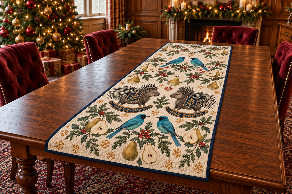 Verditer Pear Rocking Porcupine quilted cotton runner four turquoise birds two brown black cream quill rocking porcupines pears navy binding sewn channels in warm Christmas dining room.