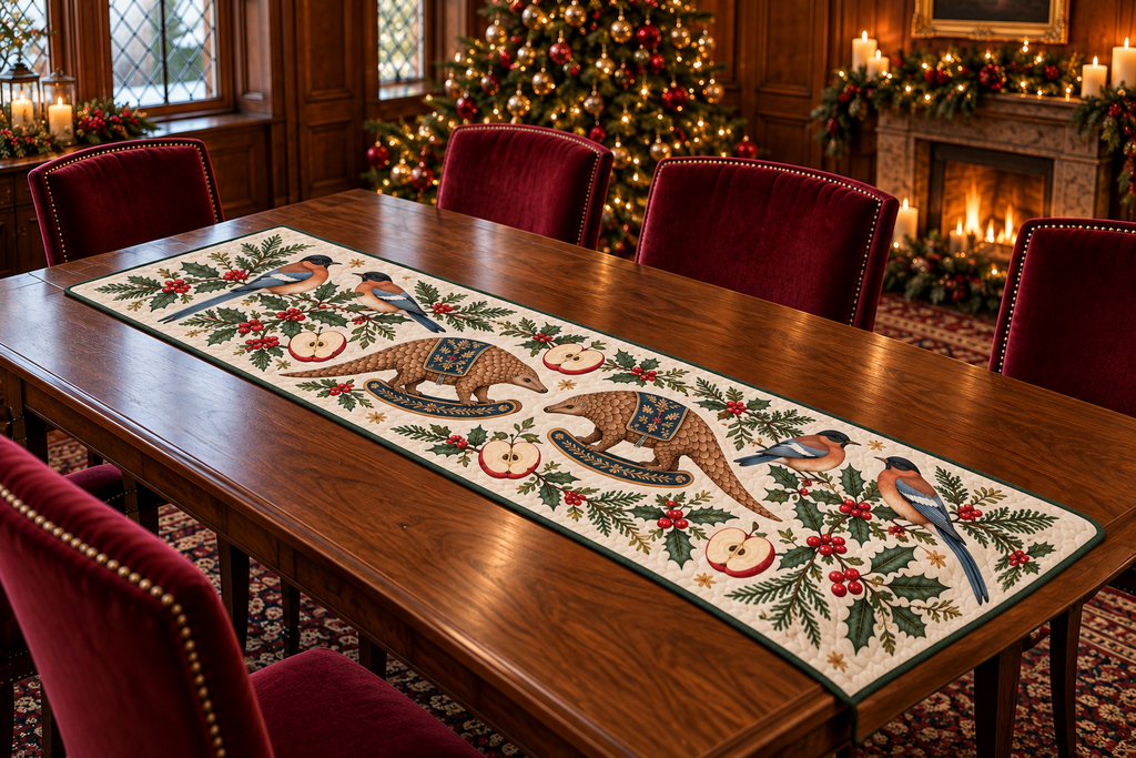 Sibia Apple Rocking Pangolin quilted cotton runner four black-cap cinnamon blue-gray birds two brown scaled rocking pangolins apples green binding sewn channels in warm Christmas dining room.