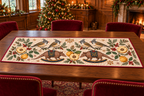 Yuhina Quince Rocking Armadillo quilted cotton runner four gray-crested whiskered birds two brown armored rocking armadillos golden quince cranberry binding sewn channels in Christmas dining room.