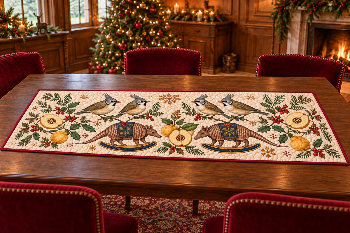 Yuhina Quince Rocking Armadillo quilted cotton runner four gray-crested whiskered birds two brown armored rocking armadillos golden quince cranberry binding sewn channels in Christmas dining room.