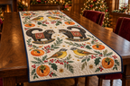 Fulvetta Persimmon Rocking Binturong quilted cotton runner four gray olive golden birds two charcoal curled-tail rocking binturongs persimmons navy binding sewn channels in warm Christmas dining room.