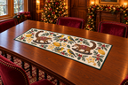 Iora Starfruit Rocking Coati quilted cotton runner four yellow black white-wing birds two brown ringed-tail rocking coatis starfruit green binding sewn channels full rectangle in warm Christmas dining room.