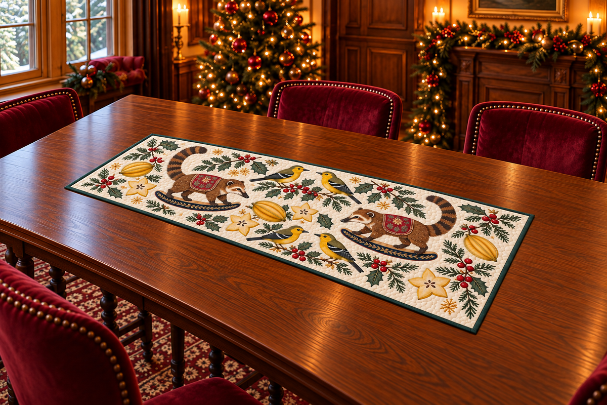 Iora Starfruit Rocking Coati quilted cotton runner four yellow black white-wing birds two brown ringed-tail rocking coatis starfruit green binding sewn channels full rectangle in warm Christmas dining room.