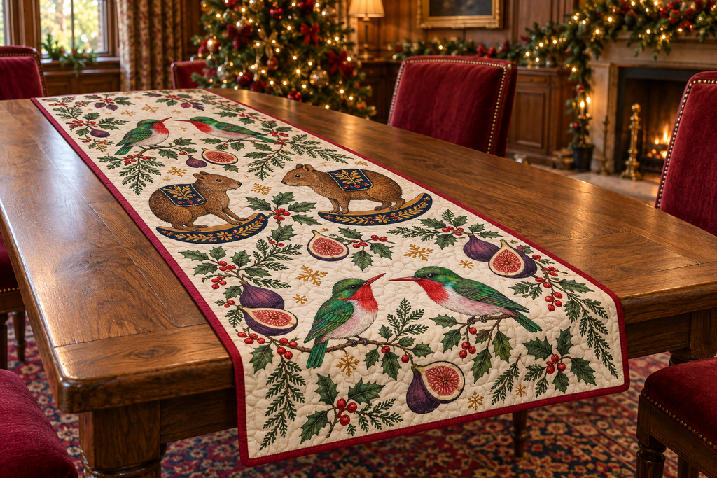 Tody Fig Rocking Agouti quilted cotton runner four emerald scarlet-throat red-bill birds two brown tail-less rocking agoutis purple figs cranberry binding sewn channels in warm Christmas dining room.