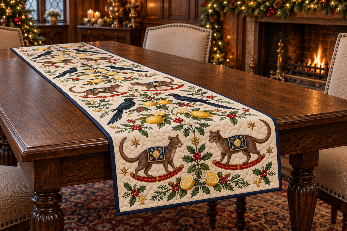 Piapiac Lemon Rocking Fossa quilted cotton runner six black long-tail birds six brown rocking fossas lemons navy binding sewn channels warm Christmas dining room.