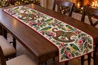 Chlorophonia Fig Rocking Pacarana quilted cotton runner five green blue-nape yellow-belly birds two brown white-spotted rocking pacaranas figs cranberry binding warm Christmas room.