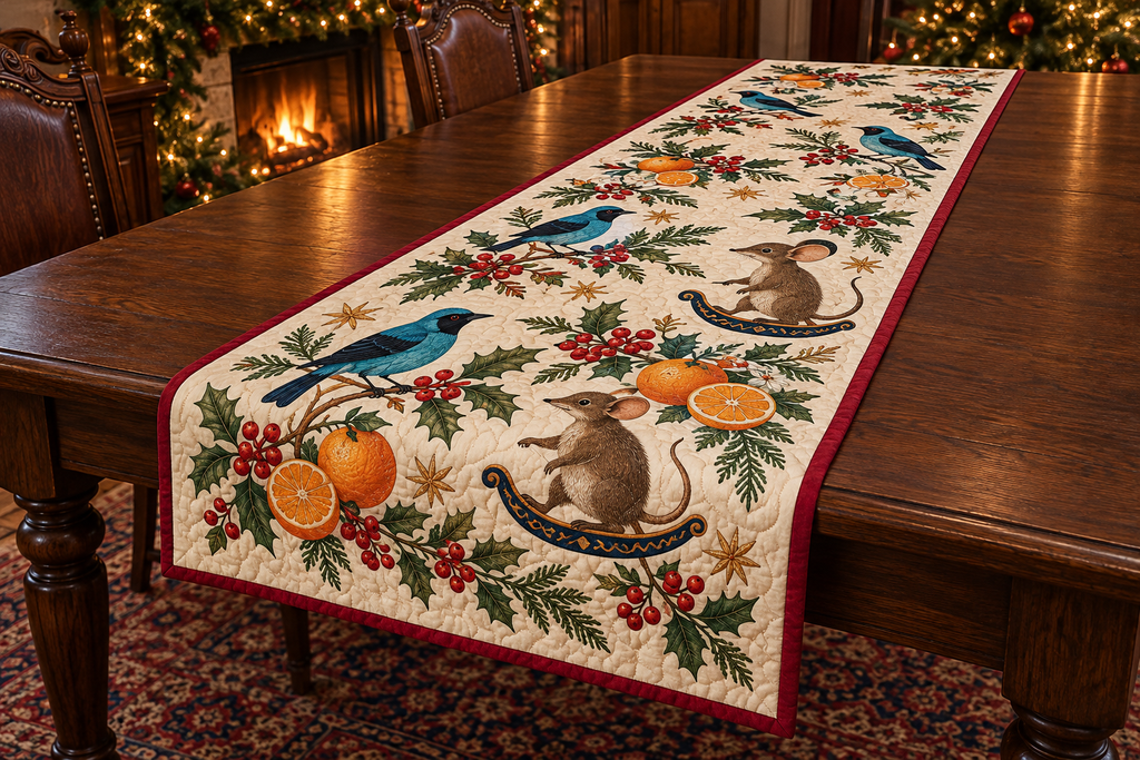 Dacnis Orange Rocking Sengi quilted cotton runner four turquoise black-mask birds two brown large-ear long-snout seated rocking sengis oranges cranberry binding warm Christmas dining room.