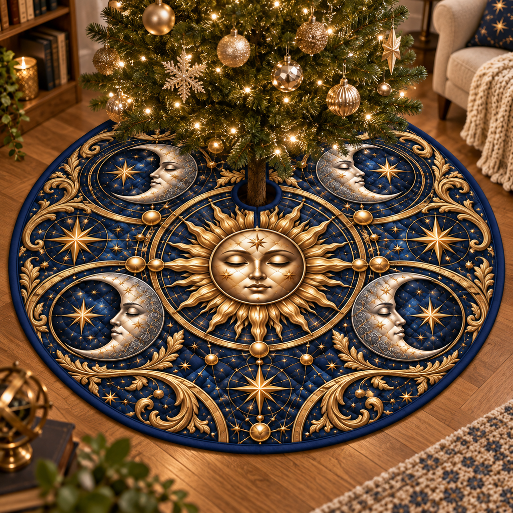 Sun and Moon Celestial Christmas Tree Skirt with flat printed optical 3D celestial artwork in a reading nook