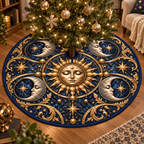 Sun and Moon Celestial Christmas Tree Skirt with flat printed optical 3D celestial artwork in a reading nook