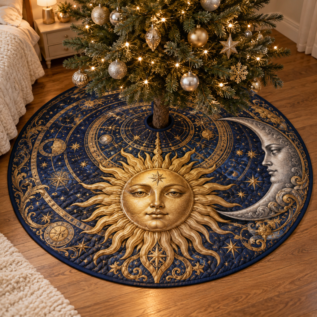 Sun and Moon Bedroom Christmas Tree Skirt with flat printed optical 3D celestial artwork in a bedroom setting