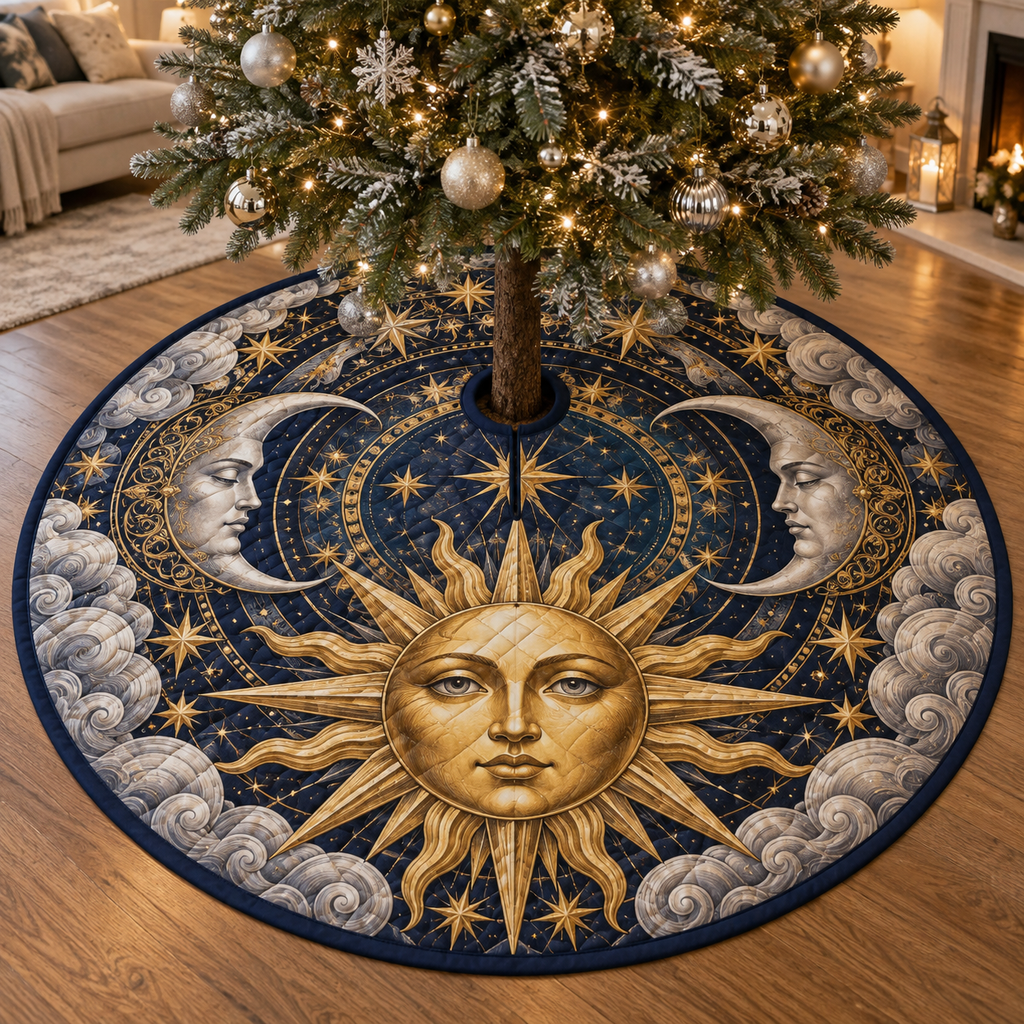 Sun Moon and Silver Clouds Christmas Tree Skirt with flat printed optical 3D artwork in a living room setting