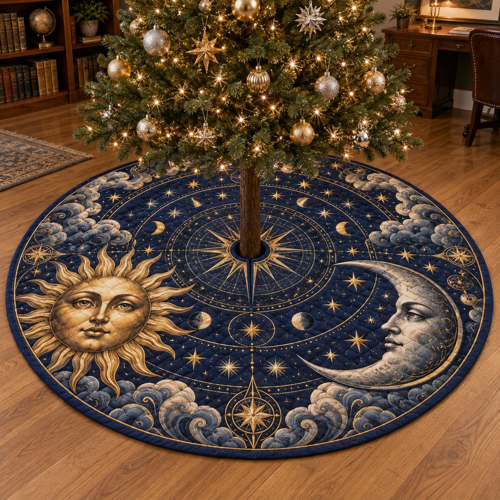 Sun Moon and Compass Christmas Tree Skirt with flat printed optical 3D artwork in a home office setting