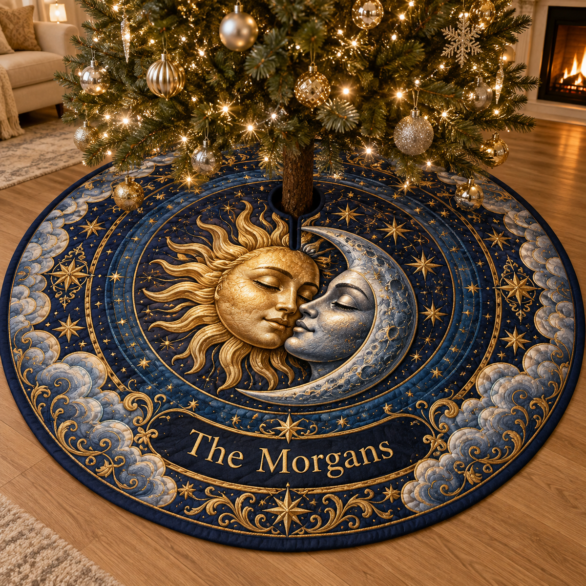 Personalized Sun and Moon Christmas Tree Skirt showing example name The Morgans printed within the celestial artwork