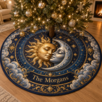 Personalized Sun and Moon Christmas Tree Skirt showing example name The Morgans printed within the celestial artwork