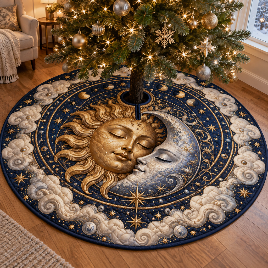 Sleeping Sun and Moon Christmas Tree Skirt with flat printed optical 3D artwork in a peaceful quiet corner