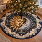 Sleeping Sun and Moon Christmas Tree Skirt with flat printed optical 3D artwork in a peaceful quiet corner