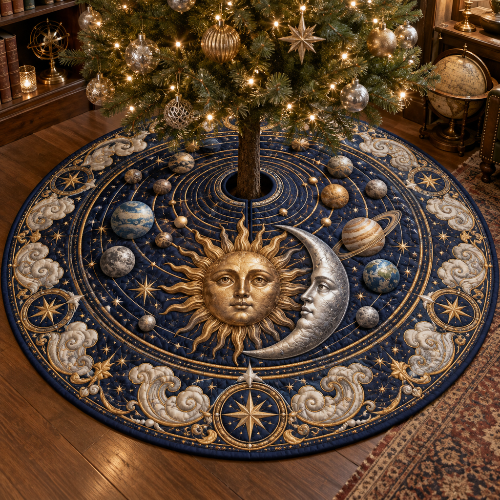 Sun and Moon Orbital Planets Christmas Tree Skirt with flat printed optical 3D celestial artwork in a collector room setting