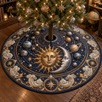 Sun and Moon Orbital Planets Christmas Tree Skirt with flat printed optical 3D celestial artwork in a collector room setting