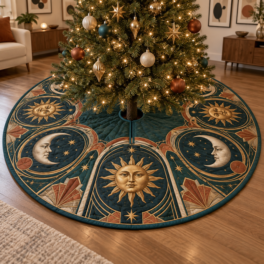 Sun and Moon Gallery Arches Christmas Tree Skirt with flat printed optical 3D artwork in teal and terracotta