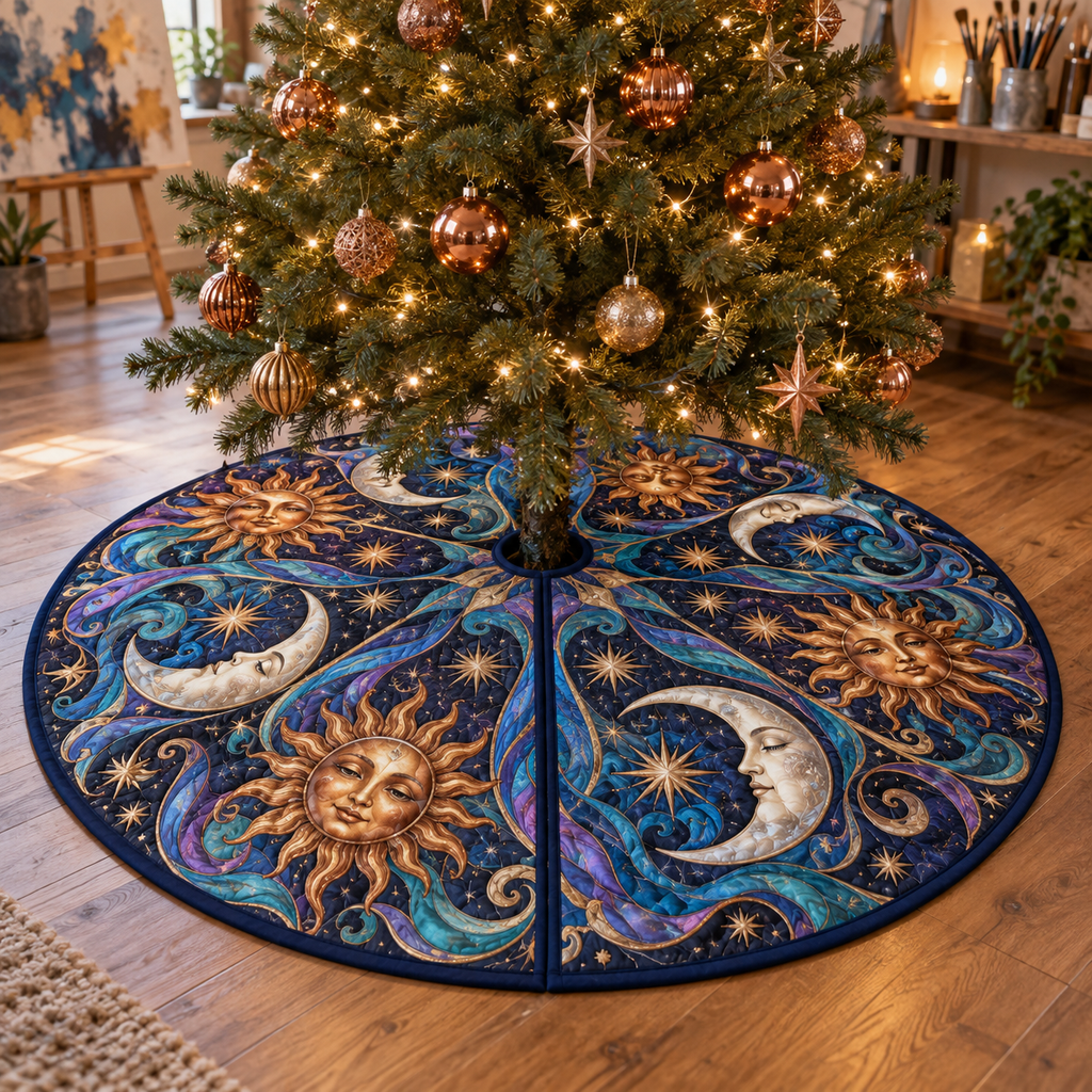 Sun and Moon Studio Swirls Christmas Tree Skirt with flat printed optical 3D copper sun and pearl moon artwork in blue and violet