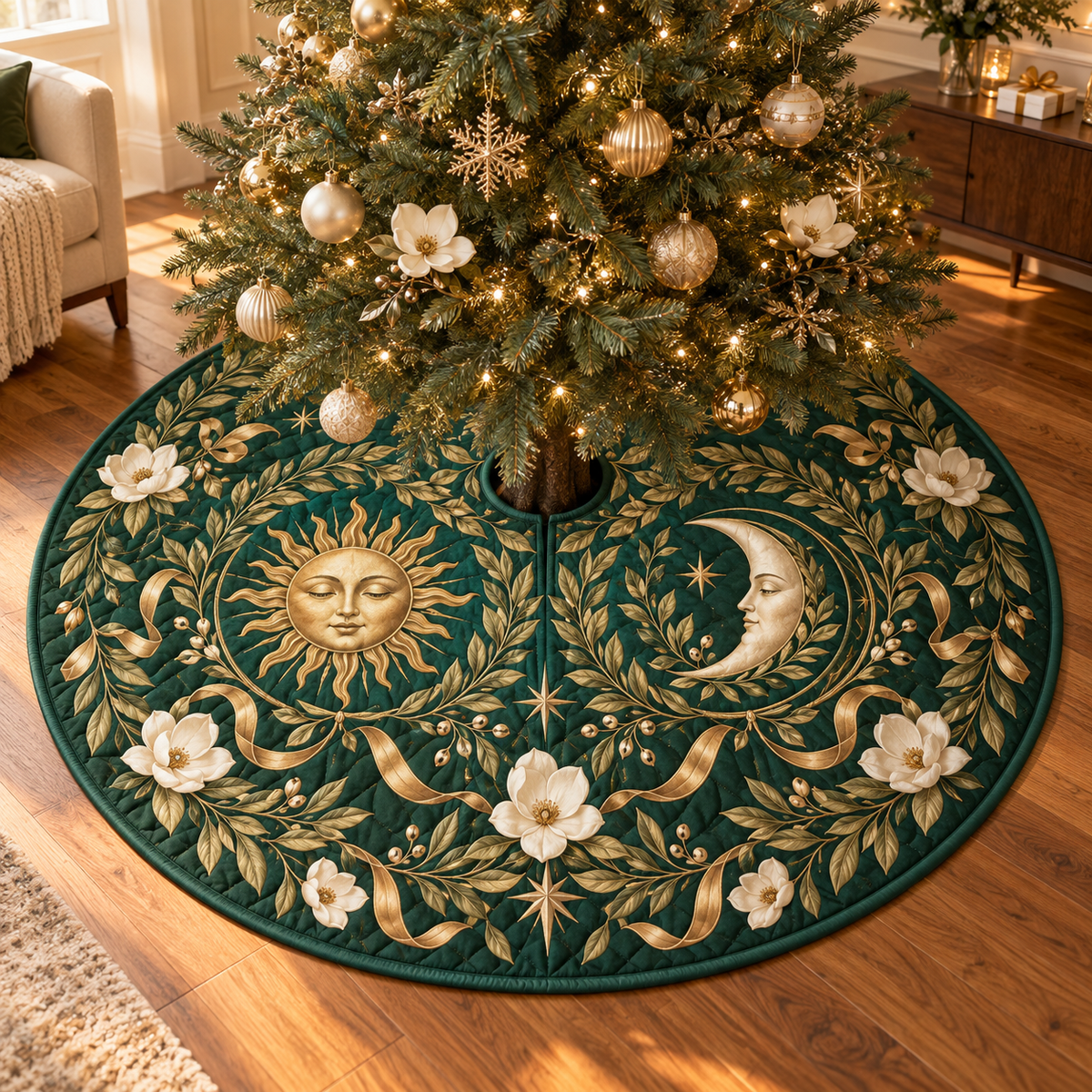 Sun and Moon Magnolia Laurel Christmas Tree Skirt with flat printed optical 3D celestial botanical artwork on emerald green