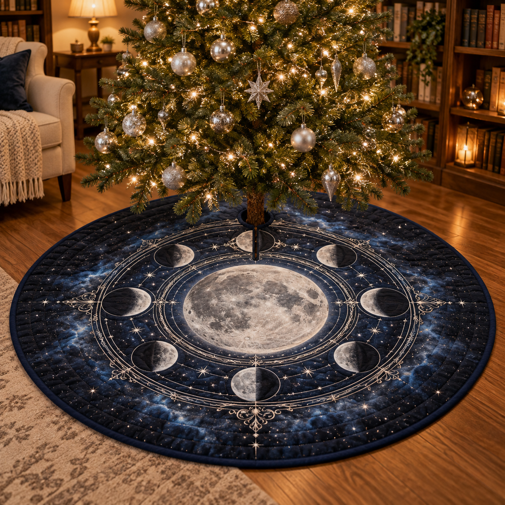 Moon Phase Library Christmas Tree Skirt with flat printed optical 3D silver lunar motifs on midnight indigo