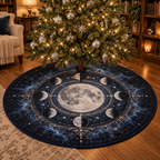 Moon Phase Library Christmas Tree Skirt with flat printed optical 3D silver lunar motifs on midnight indigo