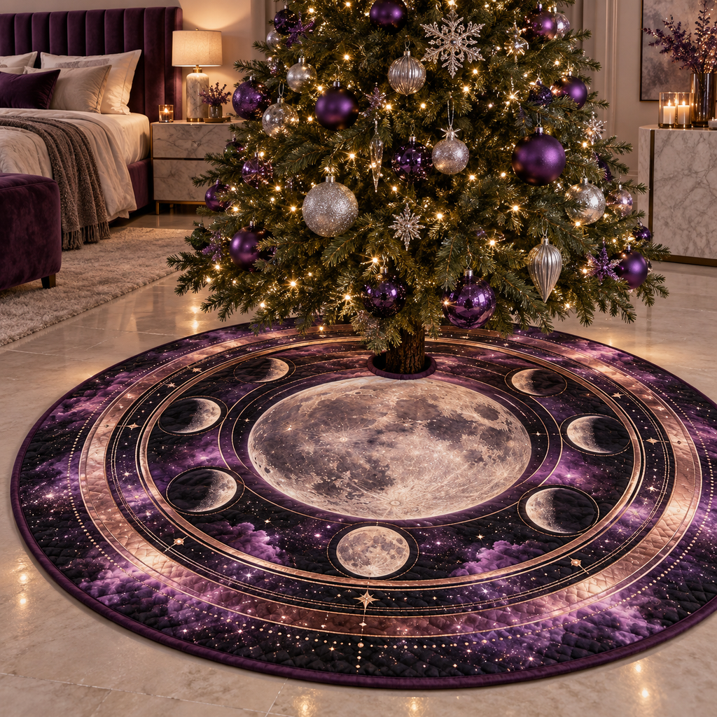 Moon Phase Violet Eclipse Christmas Tree Skirt with flat printed optical 3D lunar rings and violet clouds