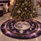 Moon Phase Violet Eclipse Christmas Tree Skirt with flat printed optical 3D lunar rings and violet clouds