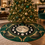 Moon Phase Emerald Deco Christmas Tree Skirt with flat printed optical 3D lunar rings and emerald Art Deco details