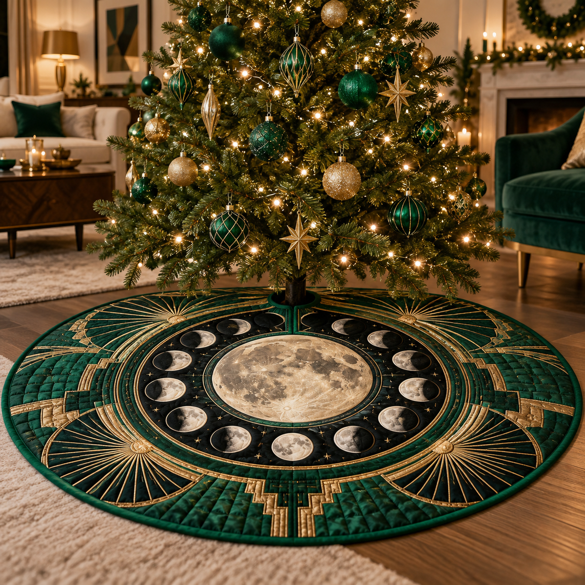 Moon Phase Emerald Deco Christmas Tree Skirt with flat printed optical 3D lunar rings and emerald Art Deco details