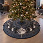 Moon Phase Slate Observatory Christmas Tree Skirt with flat printed optical 3D lunar motifs and copper-colored orbital lines