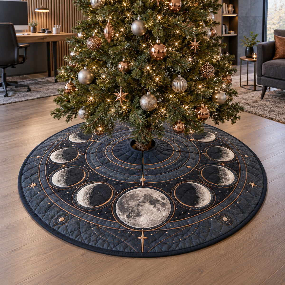 Moon Phase Slate Observatory Christmas Tree Skirt with flat printed optical 3D lunar motifs and copper-colored orbital lines