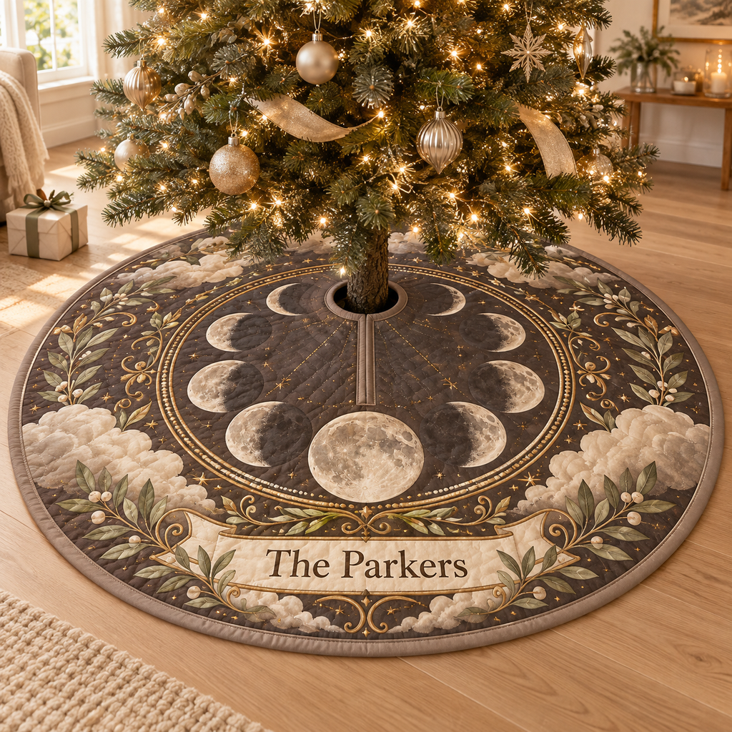 Personalized Moon Phase Christmas Tree Skirt with printed optical 3D lunar artwork and example name The Parkers